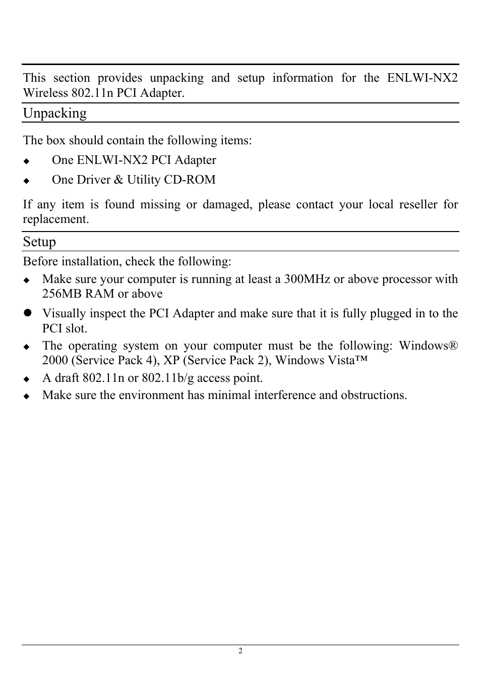 Unpacking and setup, Unpacking, Setup | Encore electronic ENLWI-NX2 User Manual | Page 6 / 22