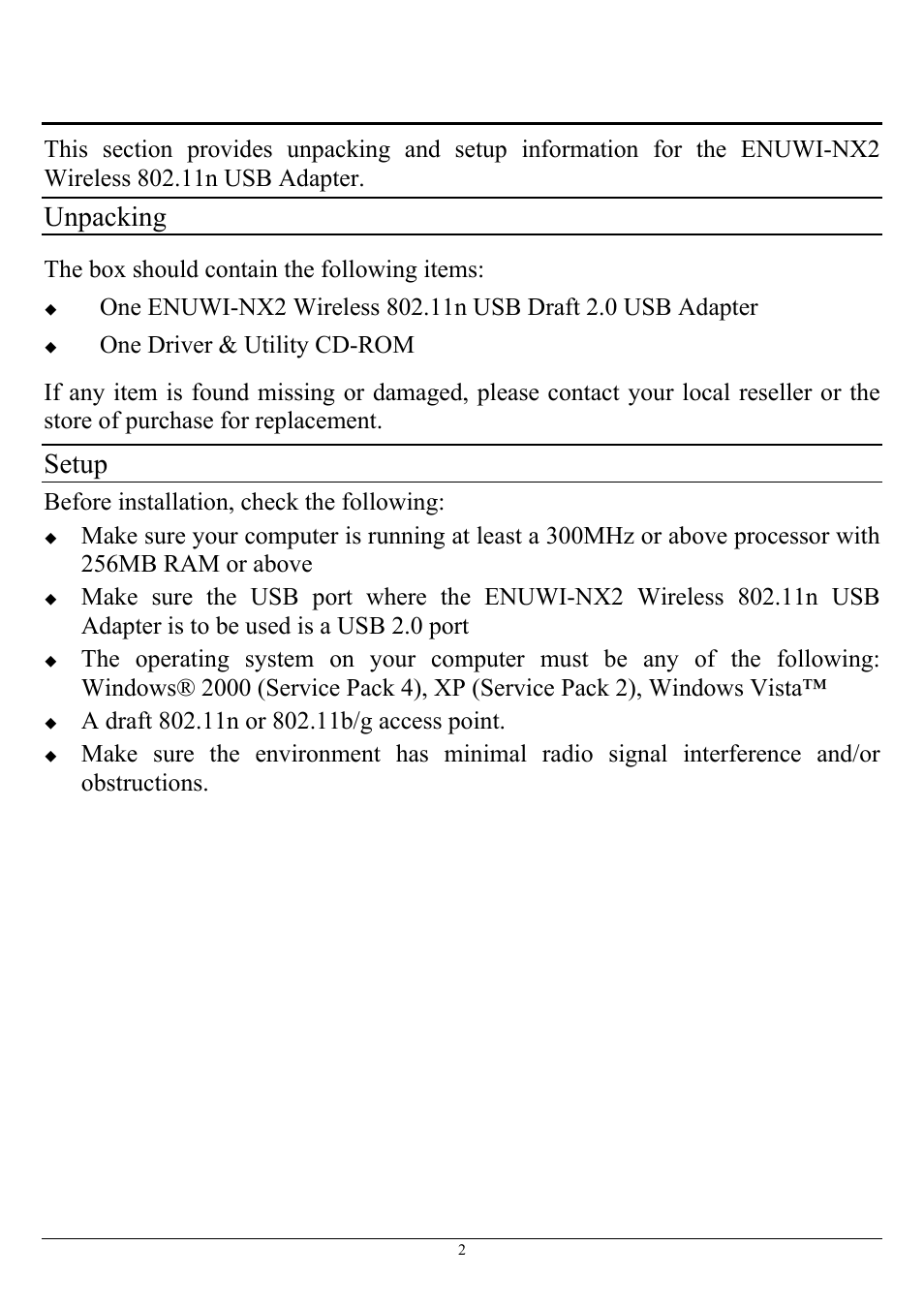 Unpacking and setup, Unpacking, Setup | The box should contain the following items, Before installation, check the following | Encore electronic ENUWI-NX2 User Manual | Page 8 / 24