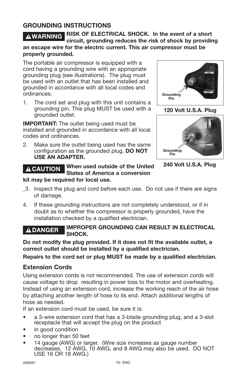 Grounding instructions, Extension cords | Encore electronic (66-501-1) User Manual | Page 10 / 24
