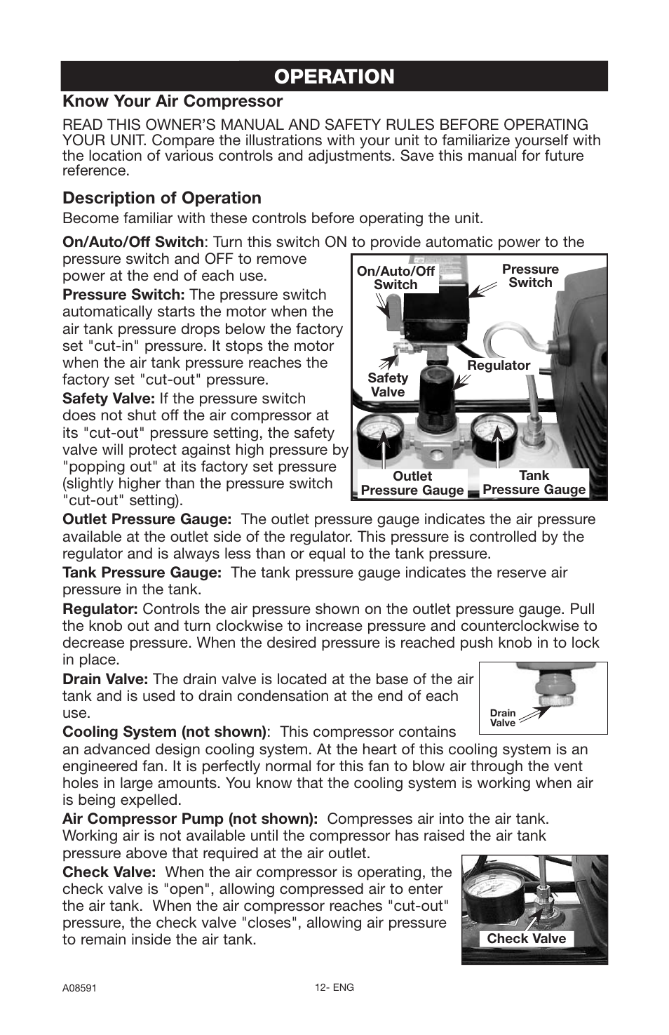 Operation, Description of operation, Know your air compressor | Encore electronic (66-501-1) User Manual | Page 12 / 24