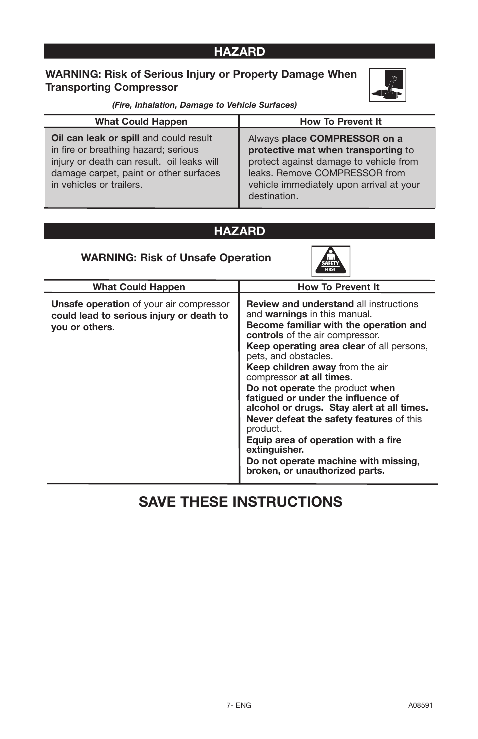 Save these instructions, Hazard | Encore electronic (66-501-1) User Manual | Page 7 / 24