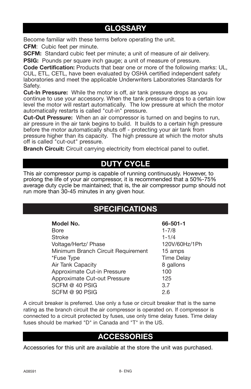 Specifications glossary duty cycle accessories | Encore electronic (66-501-1) User Manual | Page 8 / 24