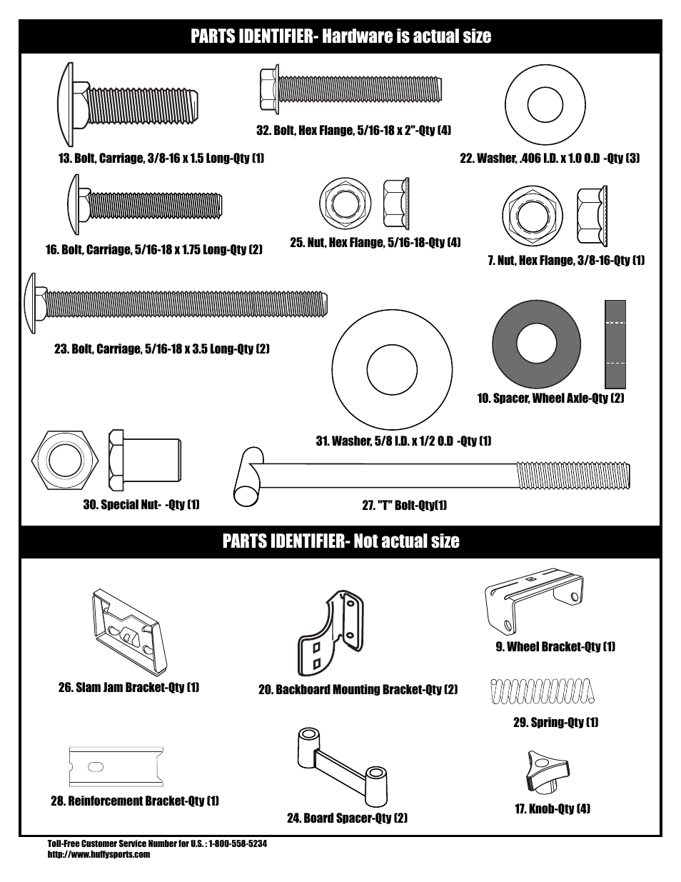 Parts identifier- hardware is actual size, Parts identifier- not actual size | Huffy N1-506 User Manual | Page 5 / 33