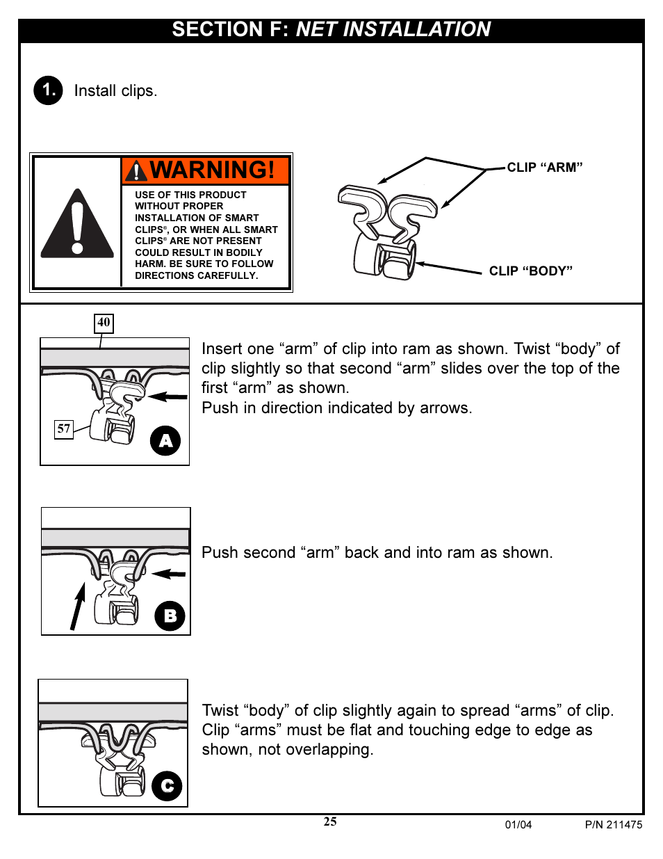 Warning, Ab b c c, Install clips | Huffy DC177 User Manual | Page 25 / 28