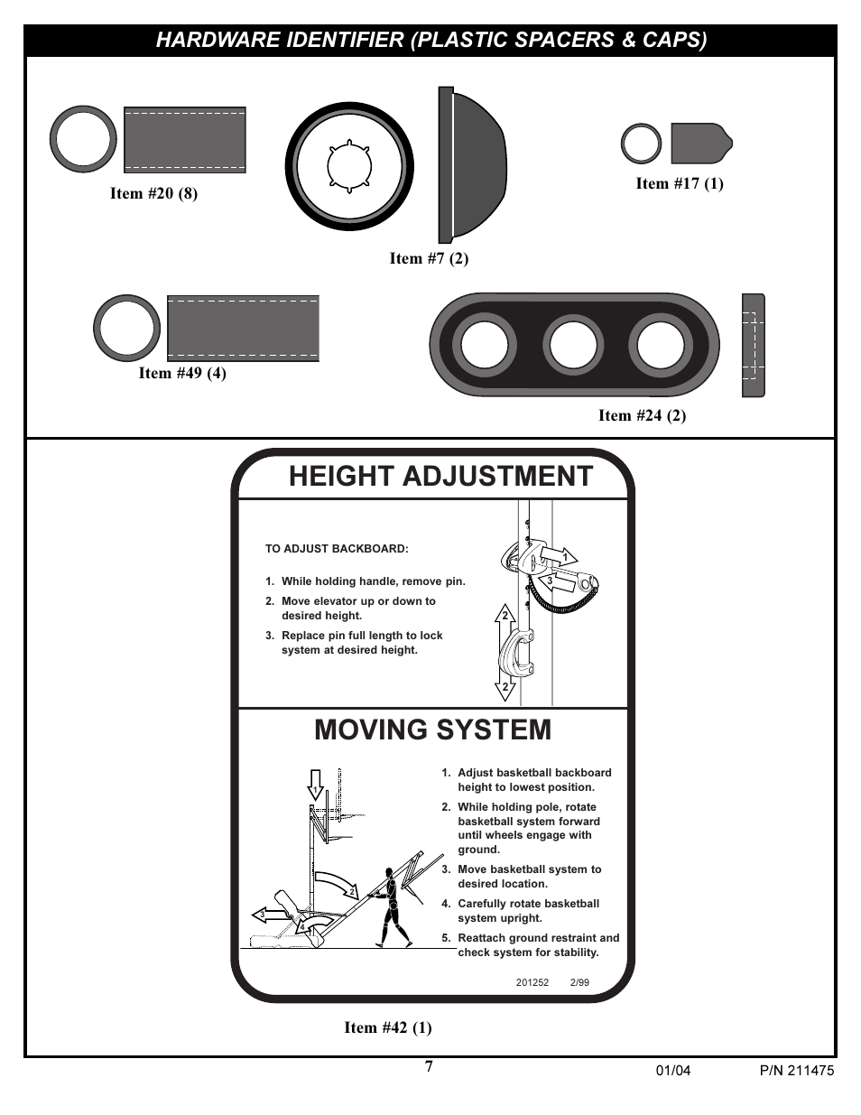 Moving system, Height adjustment, Hardware identifier (plastic spacers & caps) | Huffy DC177 User Manual | Page 7 / 28