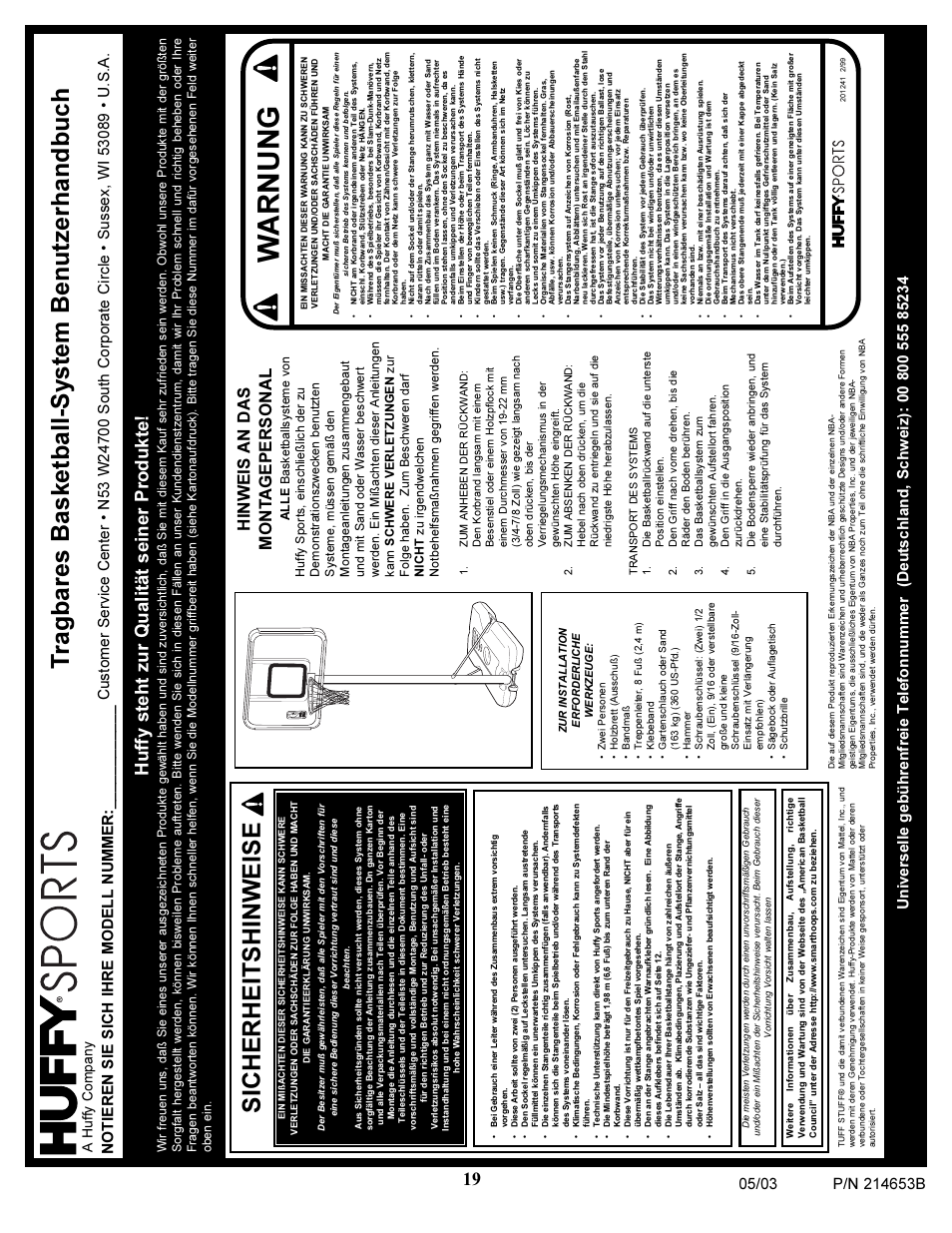 Warnung, Sicherheitshinweise, Tragbares basketball-system benutzerhandbuch | Huffy steht zur qualität seiner produkte, A huffy company | Huffy 1310 User Manual | Page 19 / 24