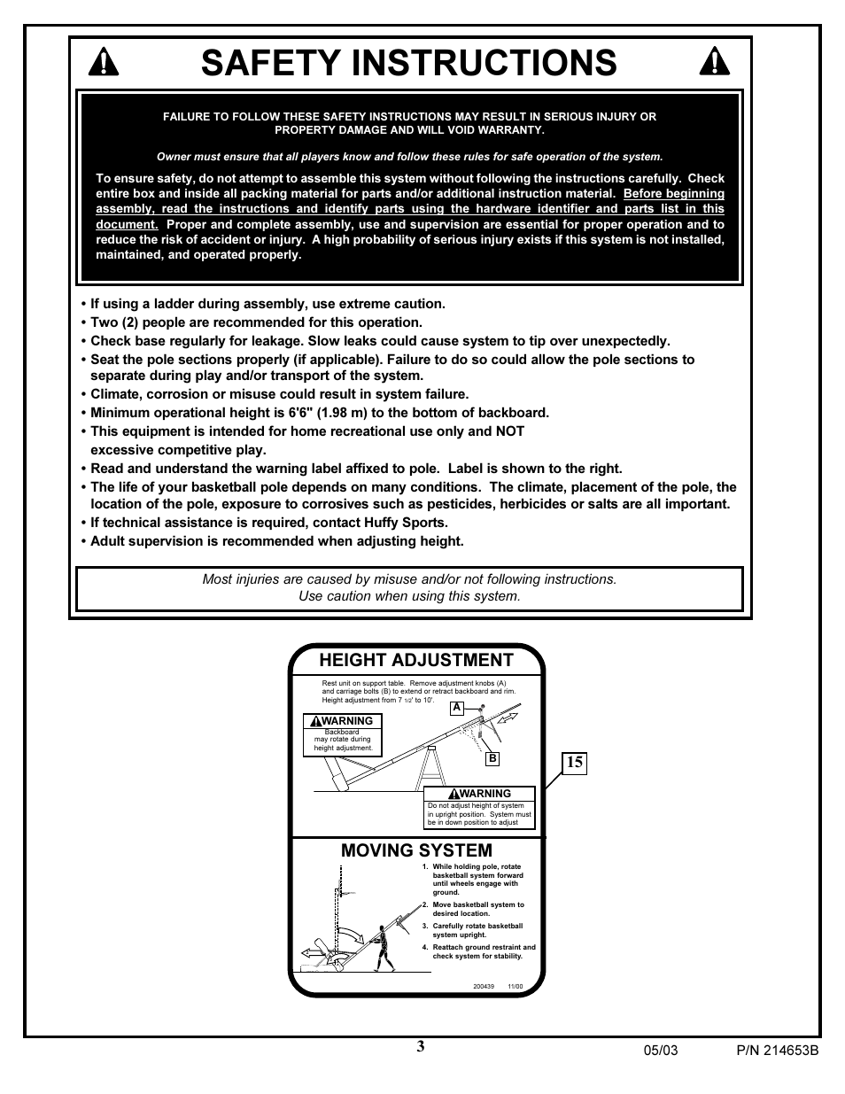 Safety instructions, Moving system, Height adjustment | Huffy 1310 User Manual | Page 3 / 24