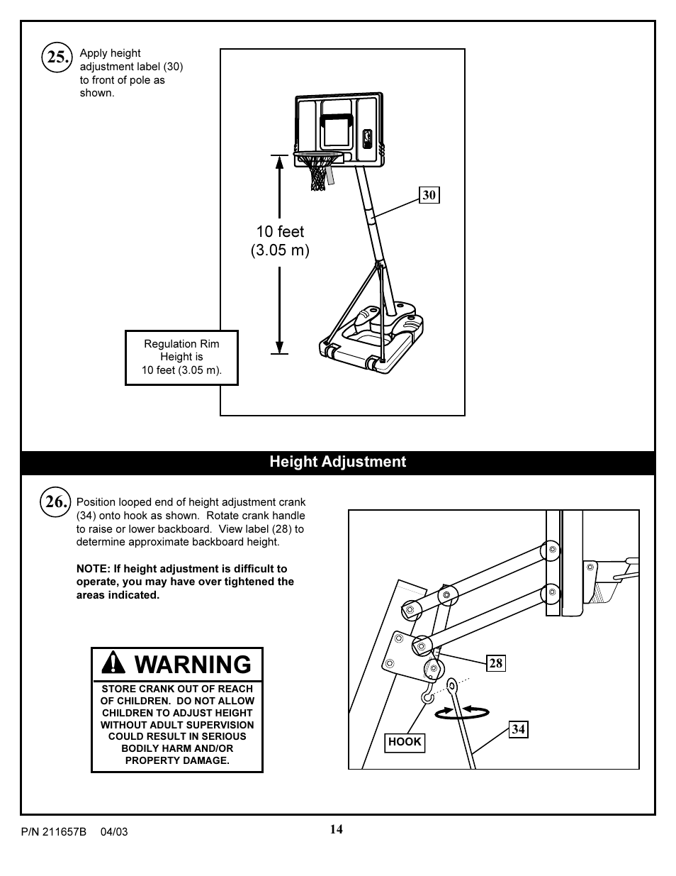 Warning, Height adjustment | Huffy RC3200 User Manual | Page 14 / 16