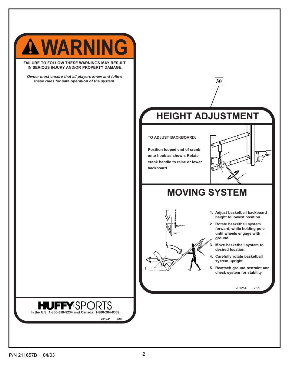 Warning, Moving system, Height adjustment | Huffy RC3200 User Manual | Page 2 / 16