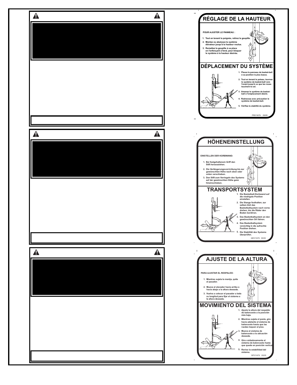 Consignes de sécurité, Sicherheitshinweise, Instrucciones de seguridad | Transportsystem, Höheneinstellung, Movimiento del sistema, Ajuste de la altura, Déplacement du système réglage de la hauteur | Huffy M6611343 User Manual | Page 33 / 62