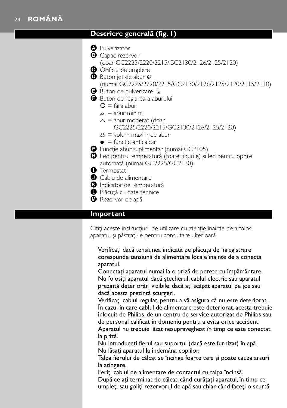 Română | Philips GC2105 User Manual | Page 24 / 154