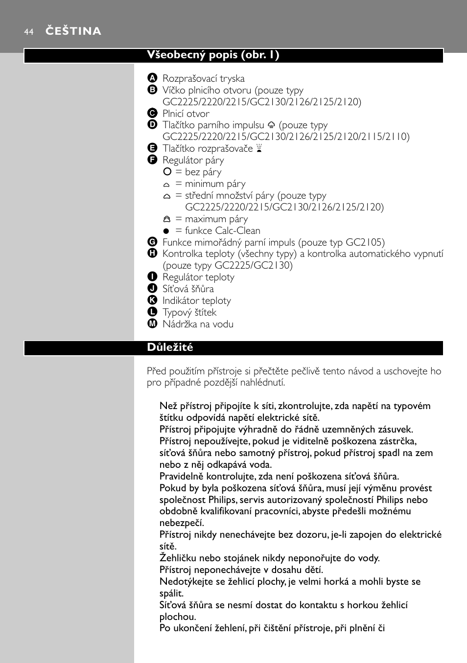 Čeština | Philips GC2105 User Manual | Page 44 / 154