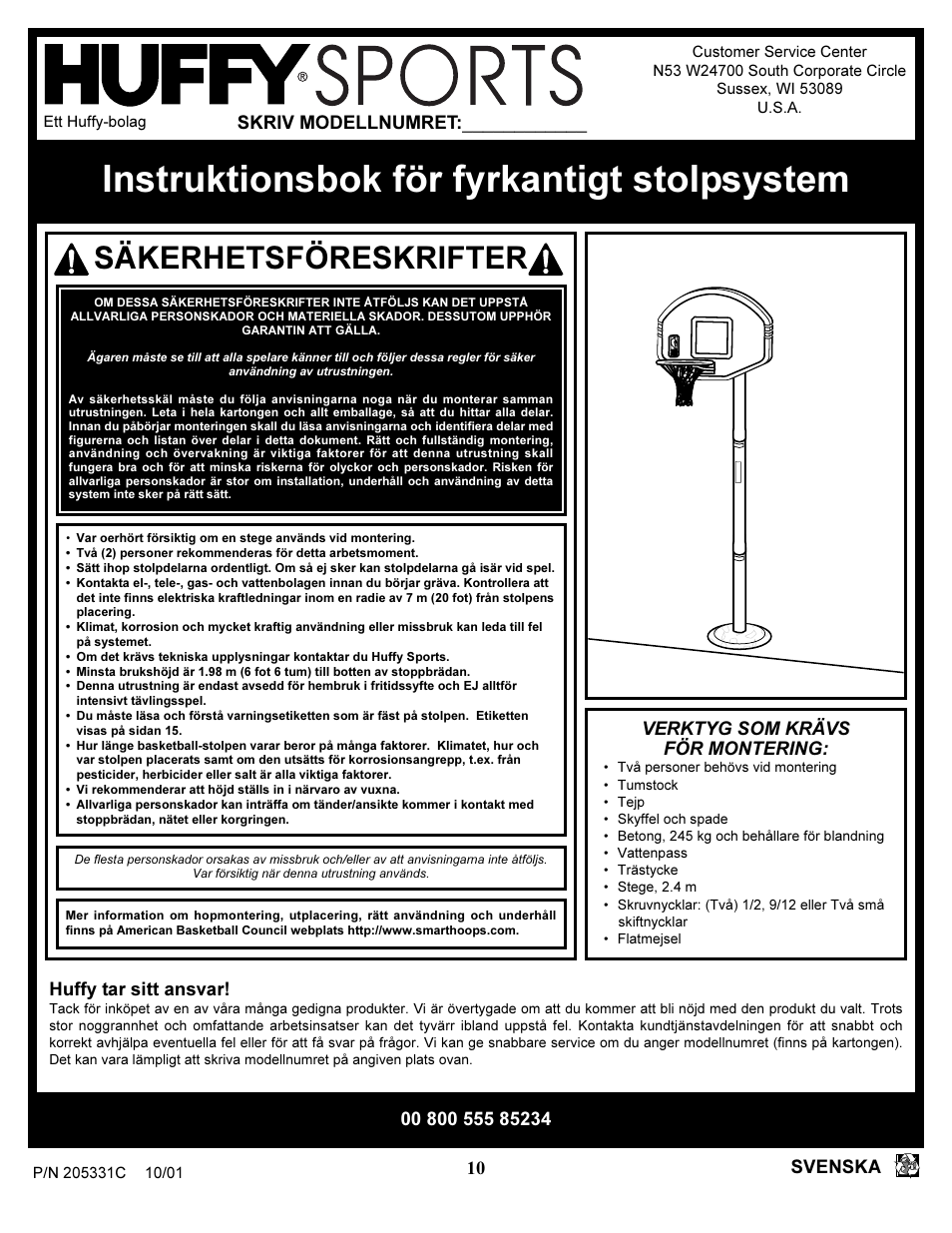 Instruktionsbok för fyrkantigt stolpsystem, Säkerhetsföreskrifter | Huffy SKM 1030 User Manual | Page 10 / 35