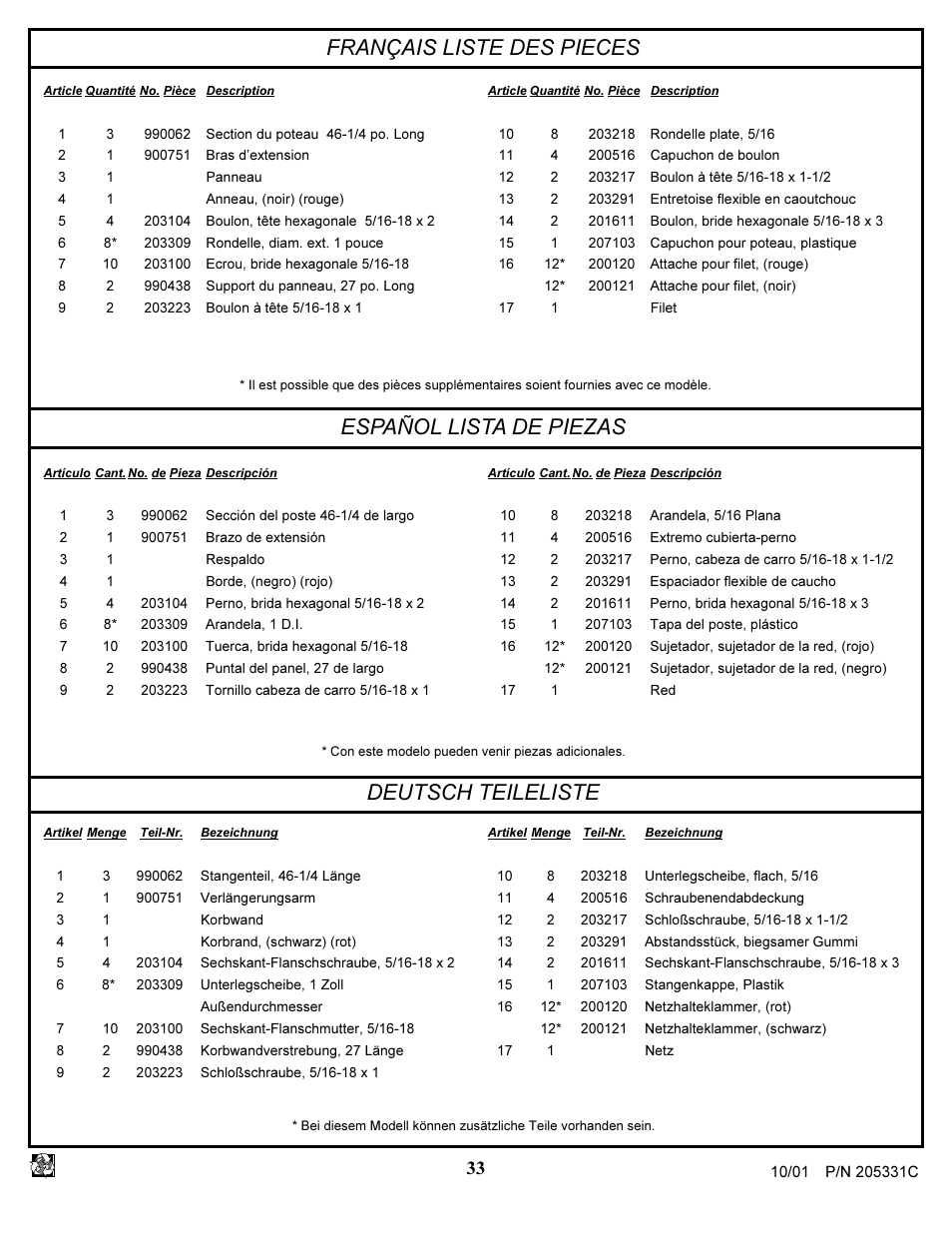 Français liste des pieces, Español lista de piezas, Deutsch teileliste | Huffy SKM 1030 User Manual | Page 33 / 35