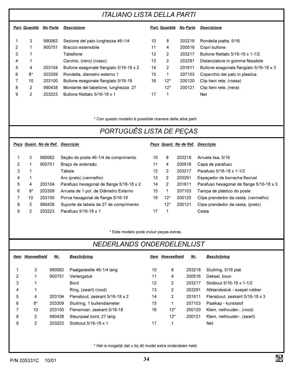 Italiano lista della parti, Português lista de peças, Nederlands onderdelenlijst | Huffy SKM 1030 User Manual | Page 34 / 35