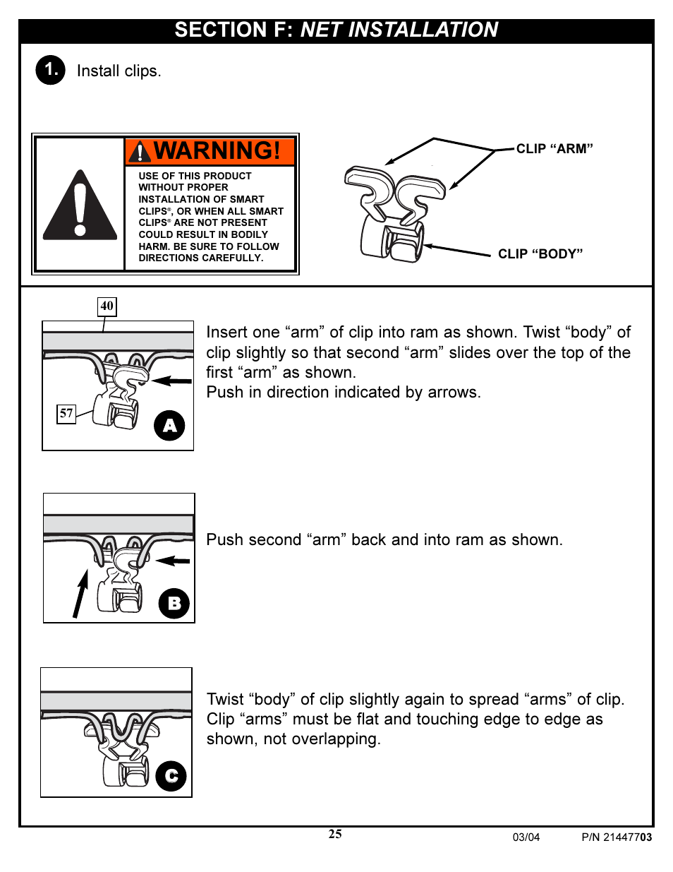 Warning, Ab b c c, Install clips | Huffy DOLPHIN 7900 User Manual | Page 25 / 55
