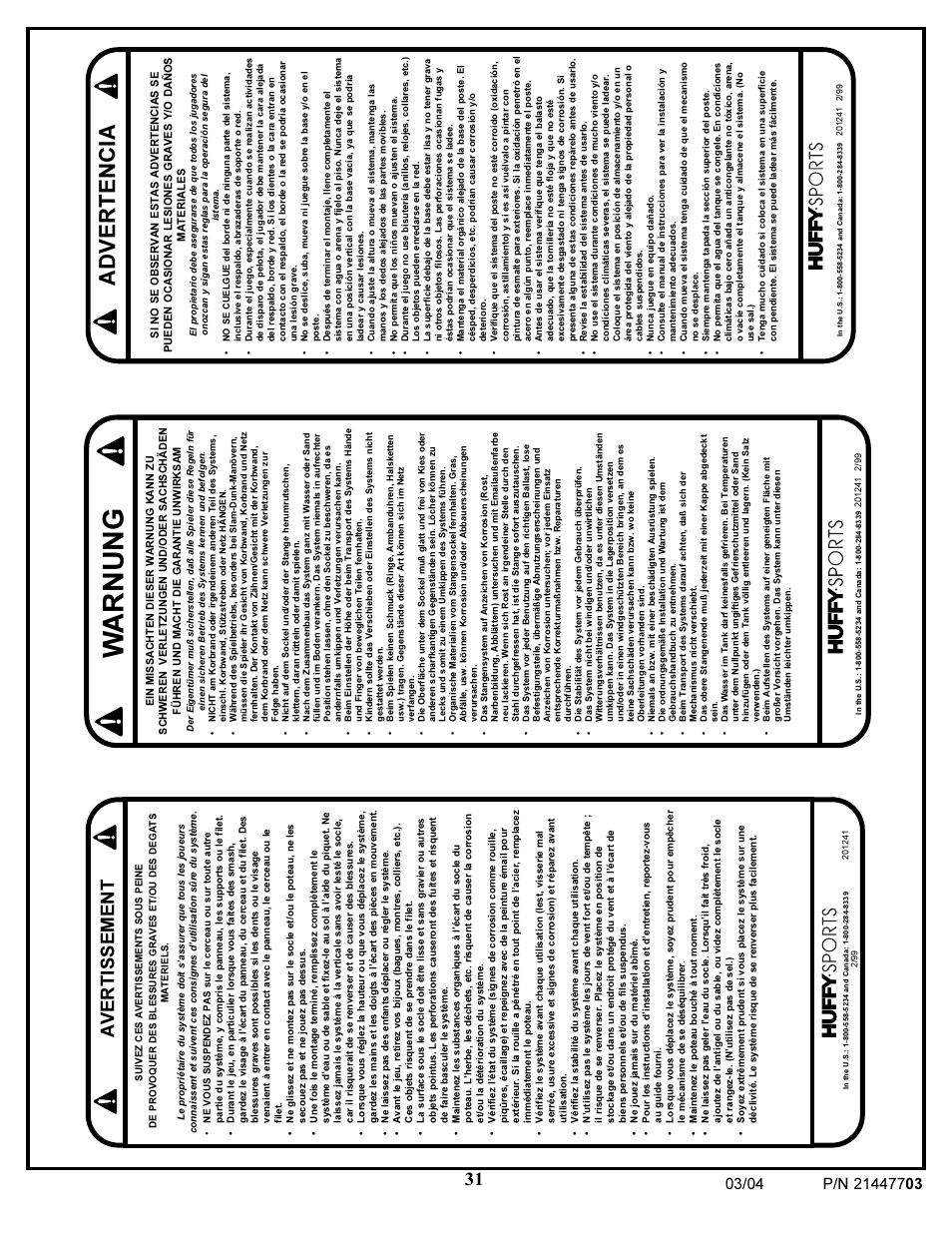 Warnung, Advertencia, Avertissement | Huffy DOLPHIN 7900 User Manual | Page 31 / 55