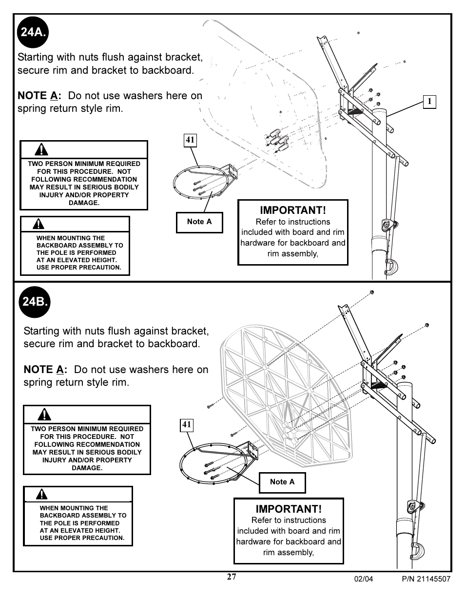Warning, 24a. 24b, Important | Huffy Sports Basketball Systems User Manual | Page 27 / 28