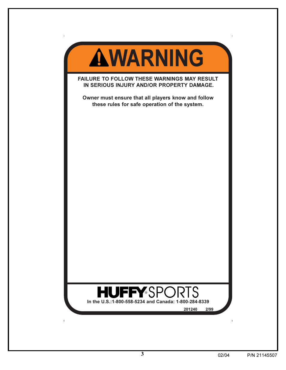 Warning | Huffy Sports Basketball Systems User Manual | Page 3 / 28