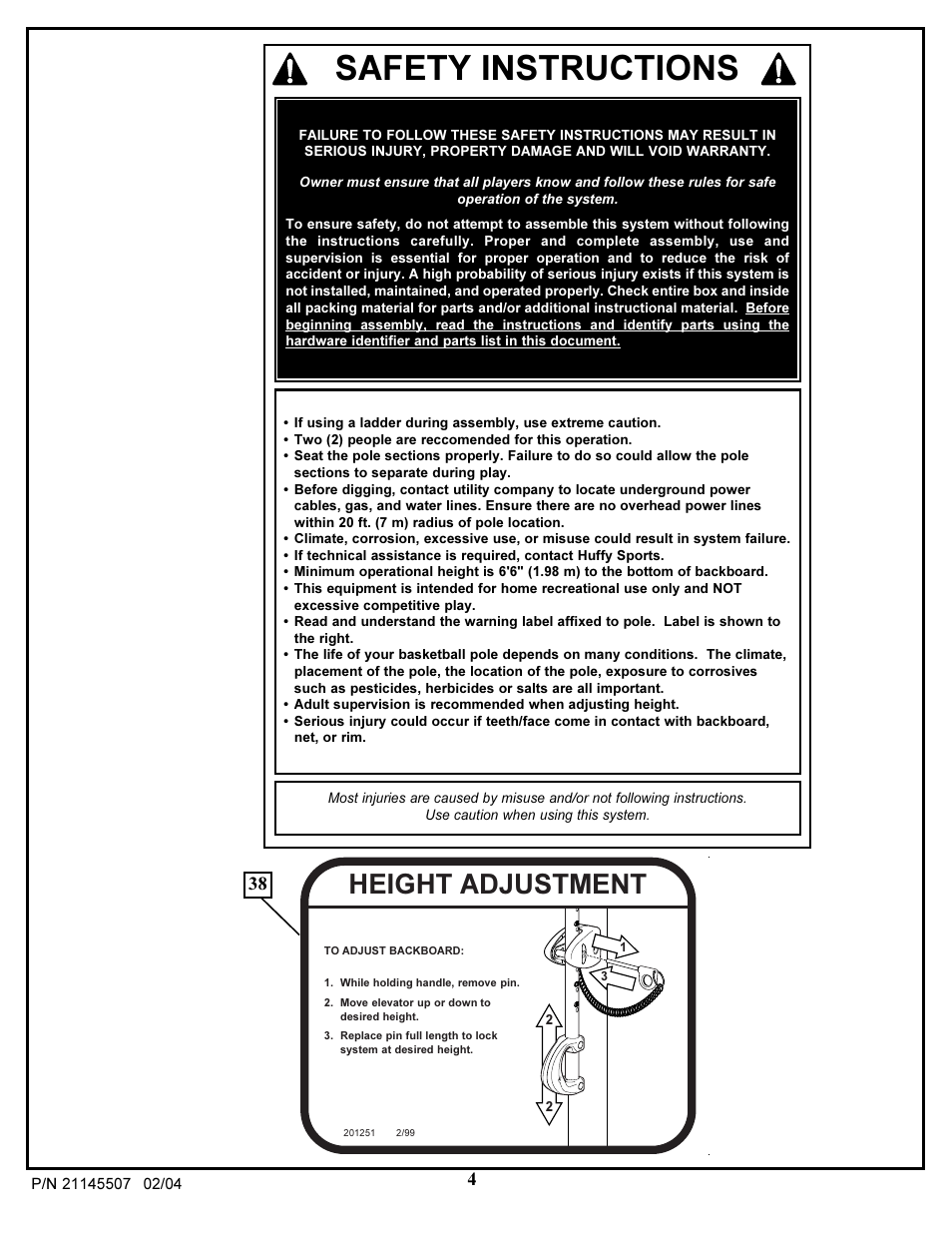 Safety instructions, Height adjustment | Huffy Sports Basketball Systems User Manual | Page 4 / 28