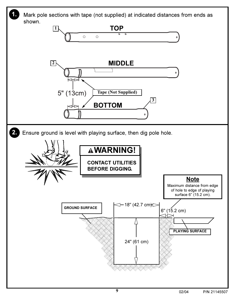 Warning, Top middle bottom | Huffy Sports Basketball Systems User Manual | Page 9 / 28