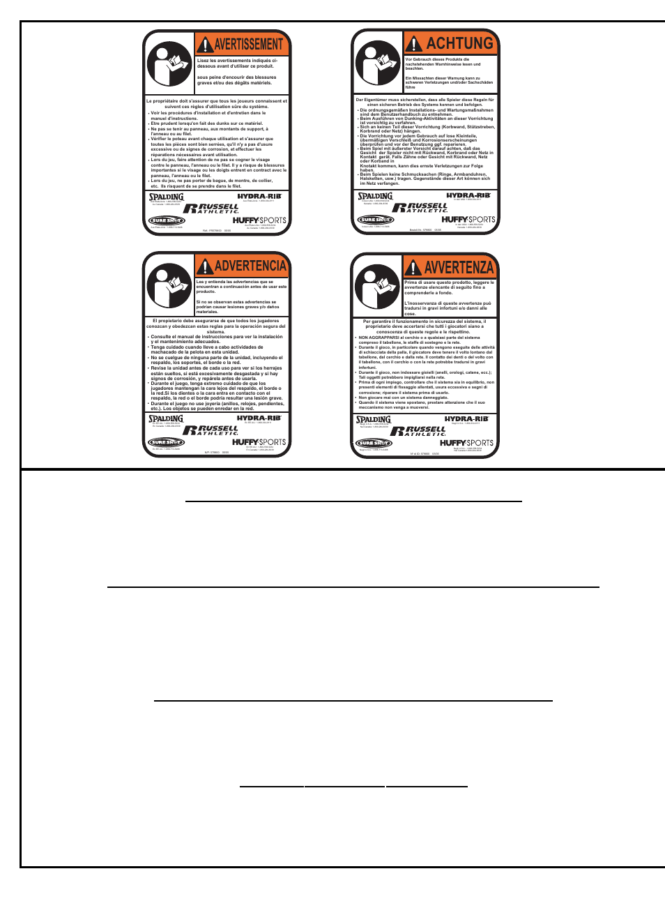 Avvertenza, Achtung, Avertissement | Advertencia, Avis aux personnes chargées du montage, Aviso para las personas que realizan el montaje, Avviso a chi monta il sistema | Huffy M8000 User Manual | Page 10 / 18