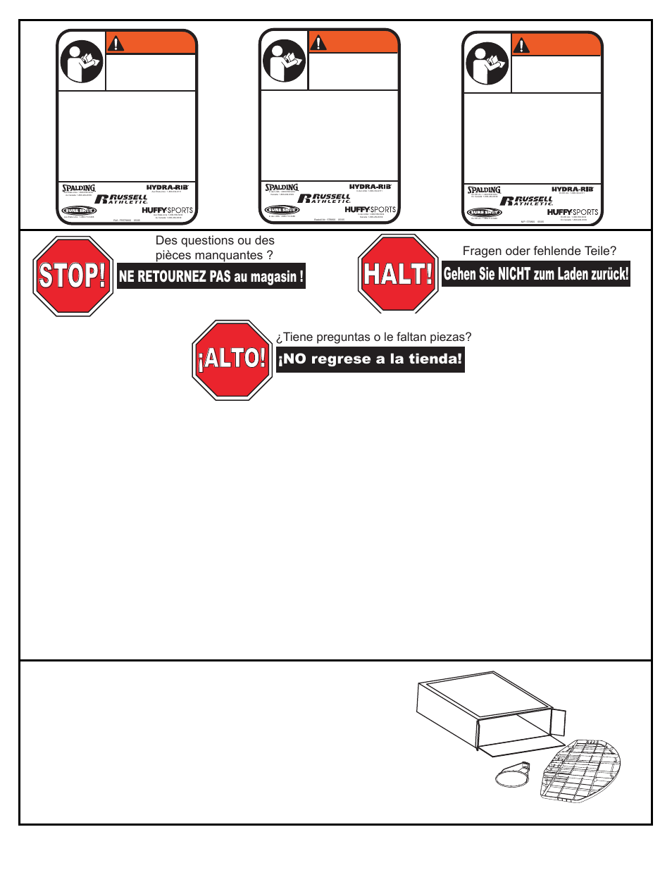 Stop, Halt, Alto! alto | Alto, Gehen sie nicht zum laden zurück, Achtung, Ne retournez pas au magasin, Avertissement, Avis aux personnes chargées du montage, Aviso para las personas que realizan el montaje | Huffy D 50053 User Manual | Page 10 / 17