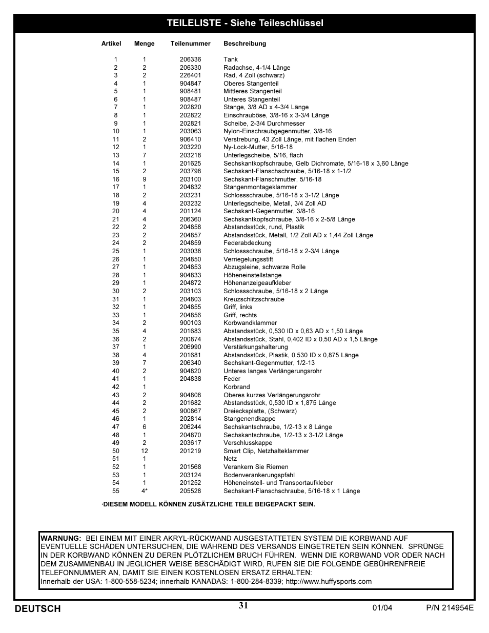 31 deutsch teileliste - siehe teileschlüssel | Huffy ATVUSB05 User Manual | Page 31 / 31