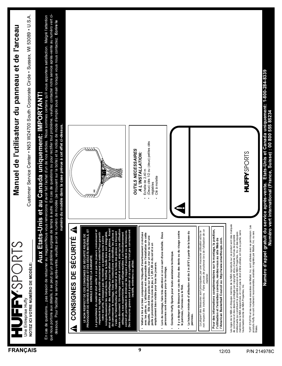 Advertissment, Manuel de l'utilisateur du panneau et de l'arceau, Consignes de sécurité | Aux etats-unis et au canada uniquement: import ant, Français | Huffy SKYIPCAM650W AICAP650W User Manual | Page 9 / 14