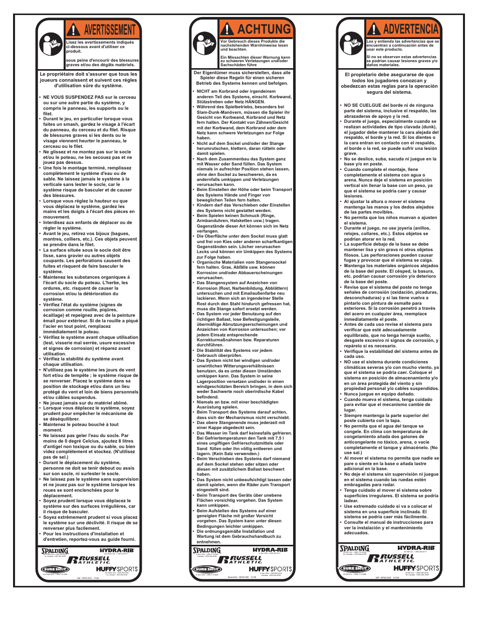 Avertissement, Advertencia, Achtung | Huffy M611814 User Manual | Page 17 / 30