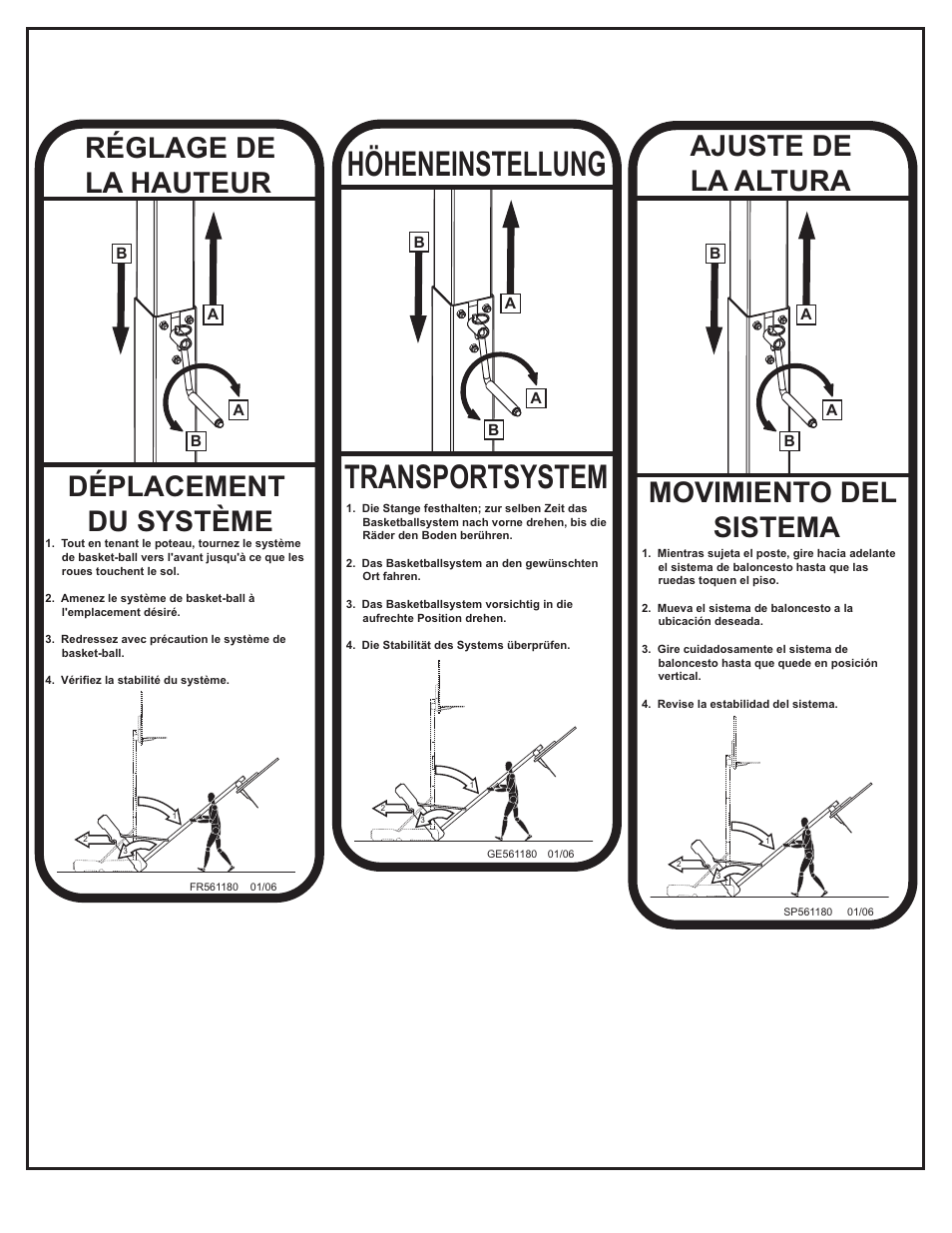Höheneinstellung, Transportsystem, Réglage de la hauteur | Déplacement du système, Ajuste de la altura movimiento del sistema | Huffy M611814 User Manual | Page 18 / 30