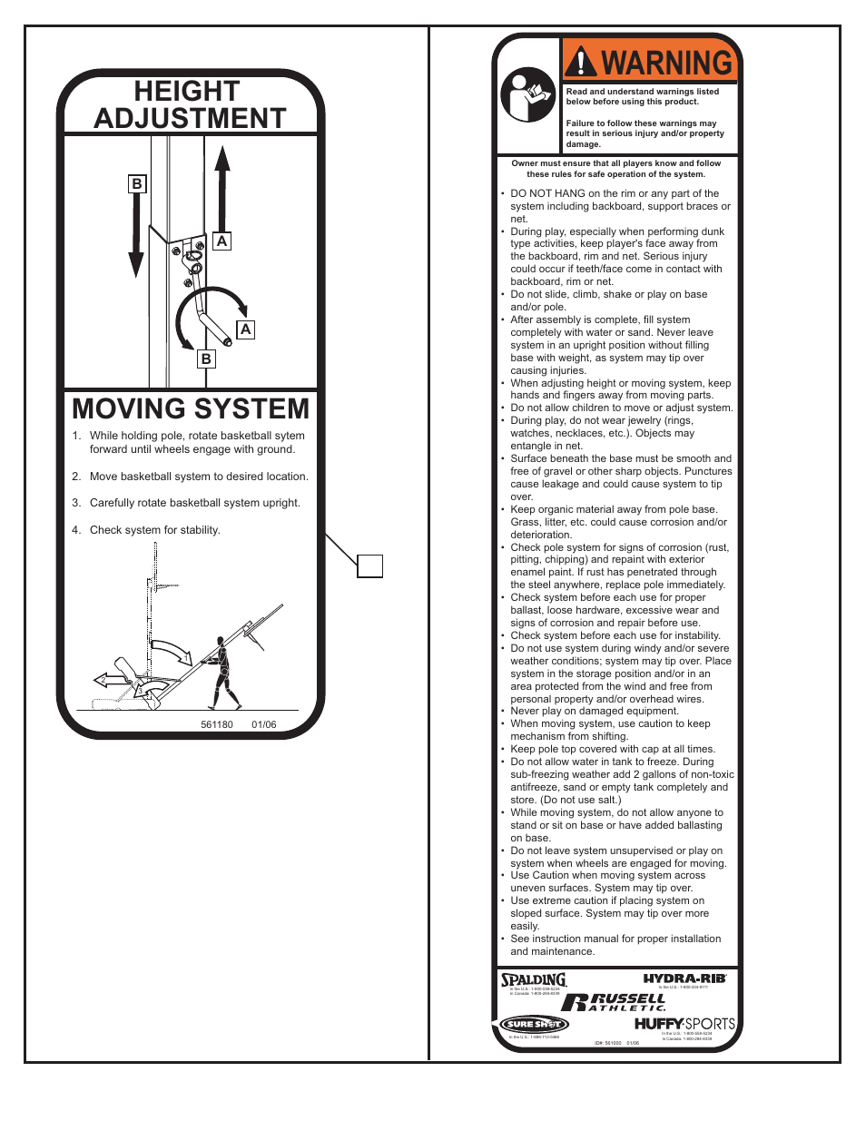 Warning, Moving system height adjustment | Huffy M611814 User Manual | Page 2 / 30