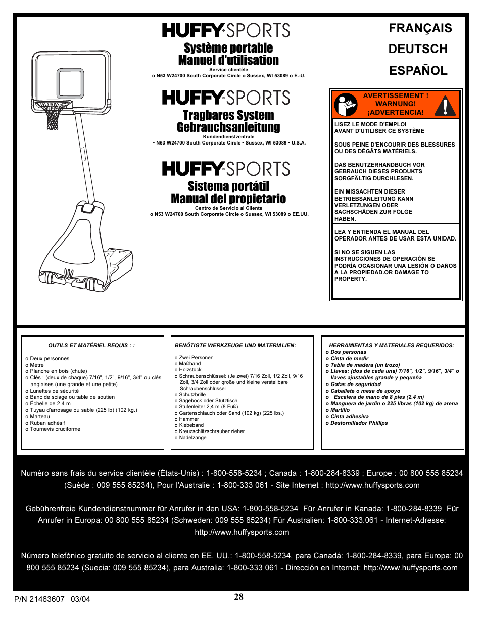 Système portable manuel d'utilisation, Tragbares system gebrauchsanleitung, Sistema portátil manual del propietario | Français español deutsch | Huffy UXT4030AA User Manual | Page 28 / 51