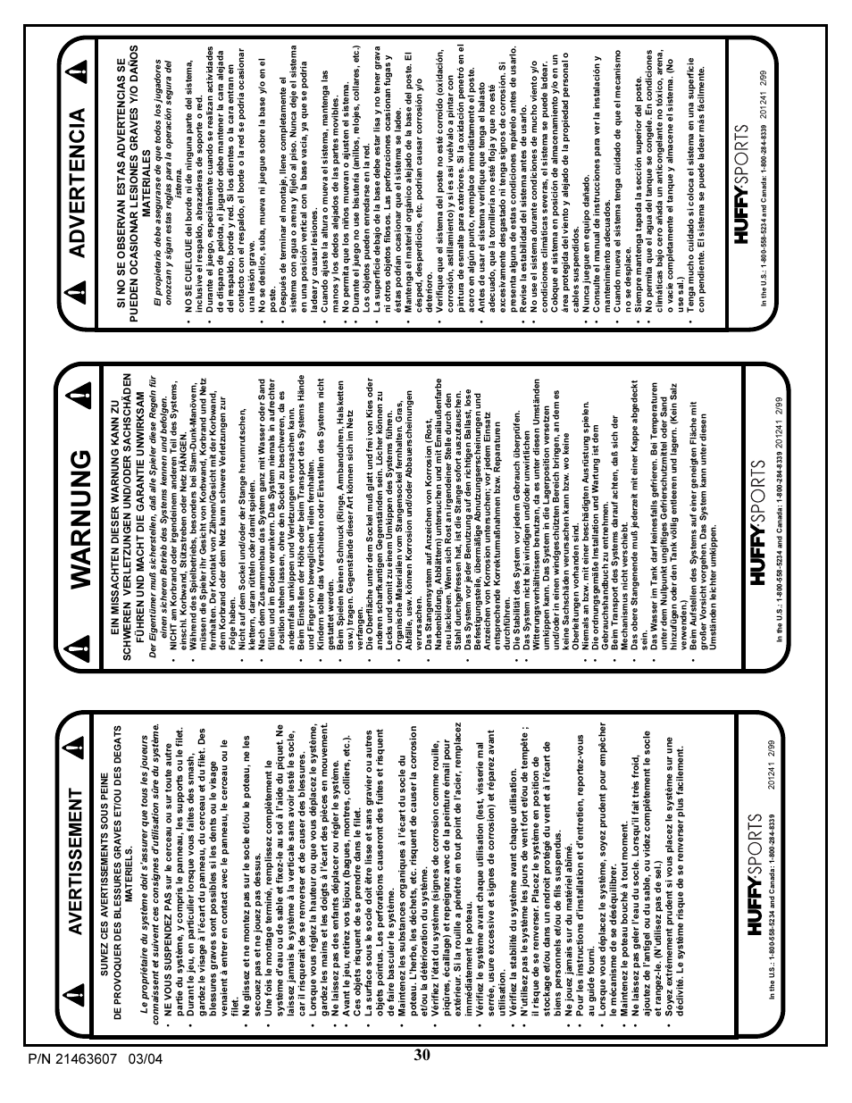 Warnung, Advertencia, Avertissement | Huffy UXT4030AA User Manual | Page 30 / 51