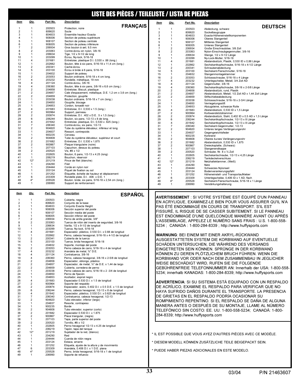 Liste des pièces / teileliste / lista de piezas, Français deutsch español | Huffy UXT4030AA User Manual | Page 33 / 51