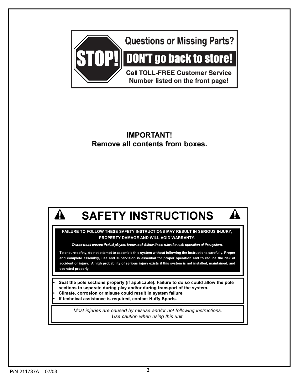 Safety instructions, Important! remove all contents from boxes | Huffy Table-Top Basketball Game User Manual | Page 2 / 12