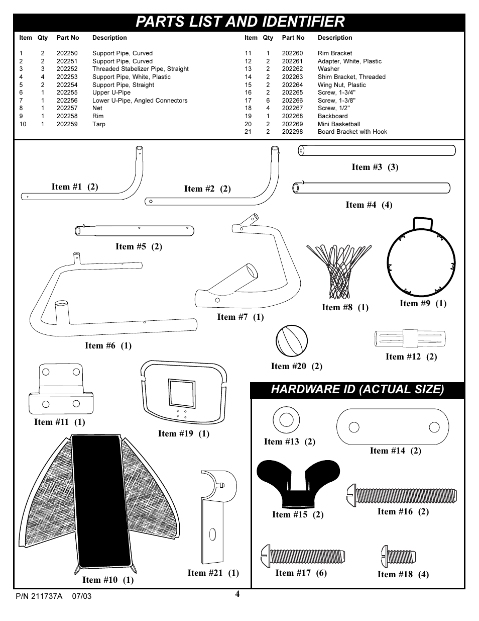 Parts list and identifier, Hardware id (actual size) | Huffy Table-Top Basketball Game User Manual | Page 4 / 12