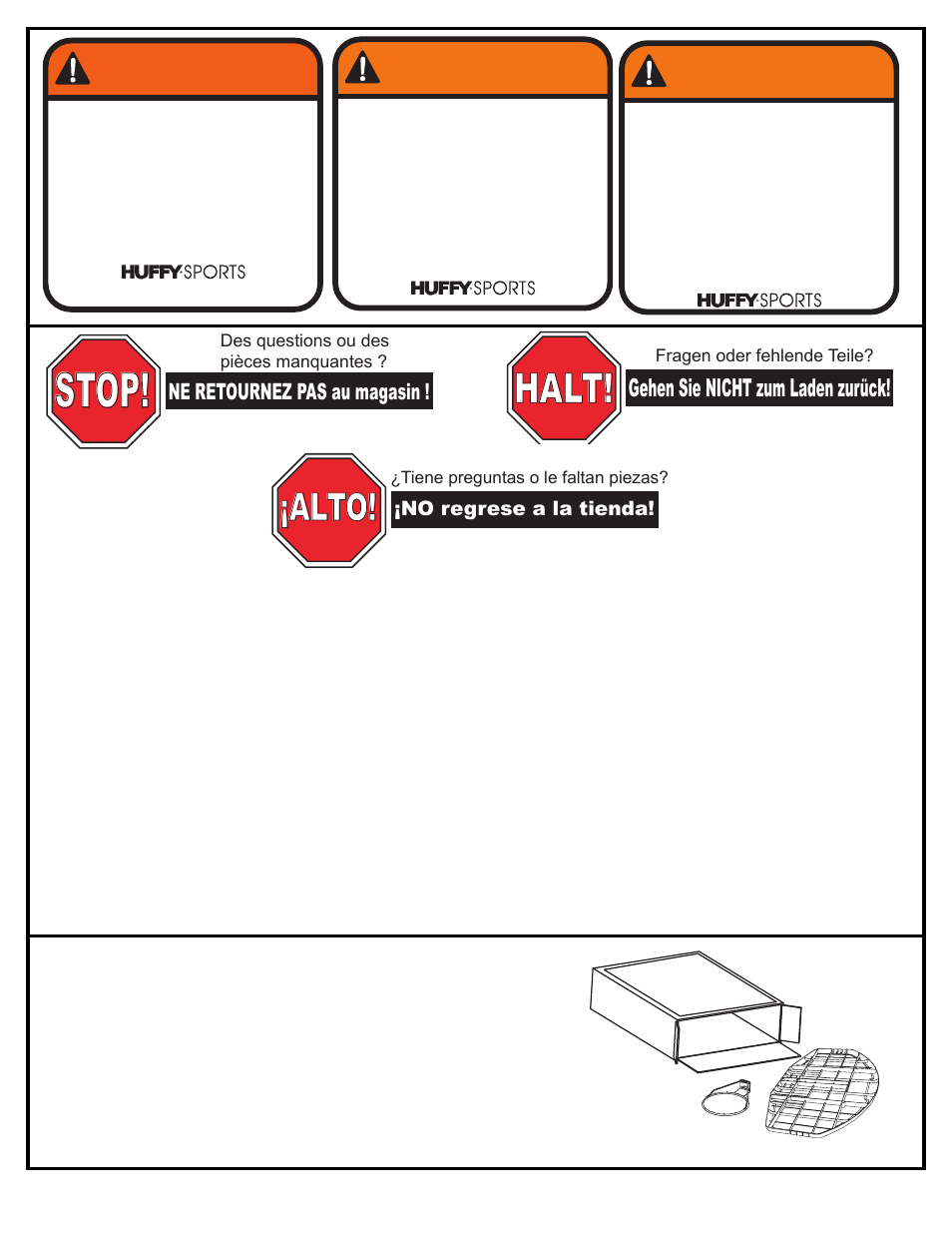 Stop, Halt, Warnung | Alto! alto, Alto, Avvertenza, Gehen sie nicht zum laden zurück, Advertissment, Ne retournez pas au magasin, Avis aux personnes chargées du montage | Huffy 8000 User Manual | Page 9 / 14