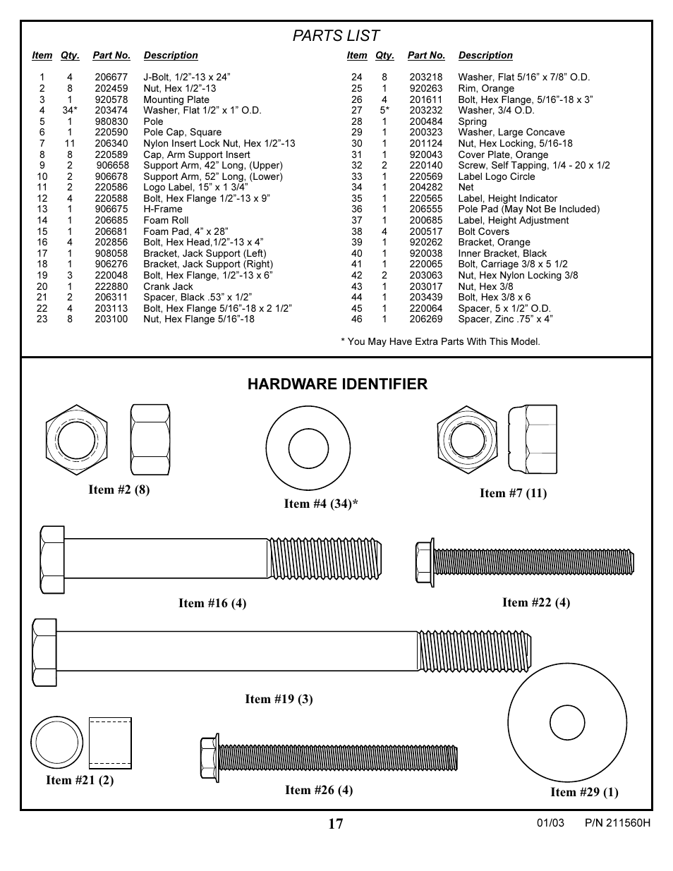 Parts list, Hardware identifier | Huffy AC4062 User Manual | Page 17 / 18