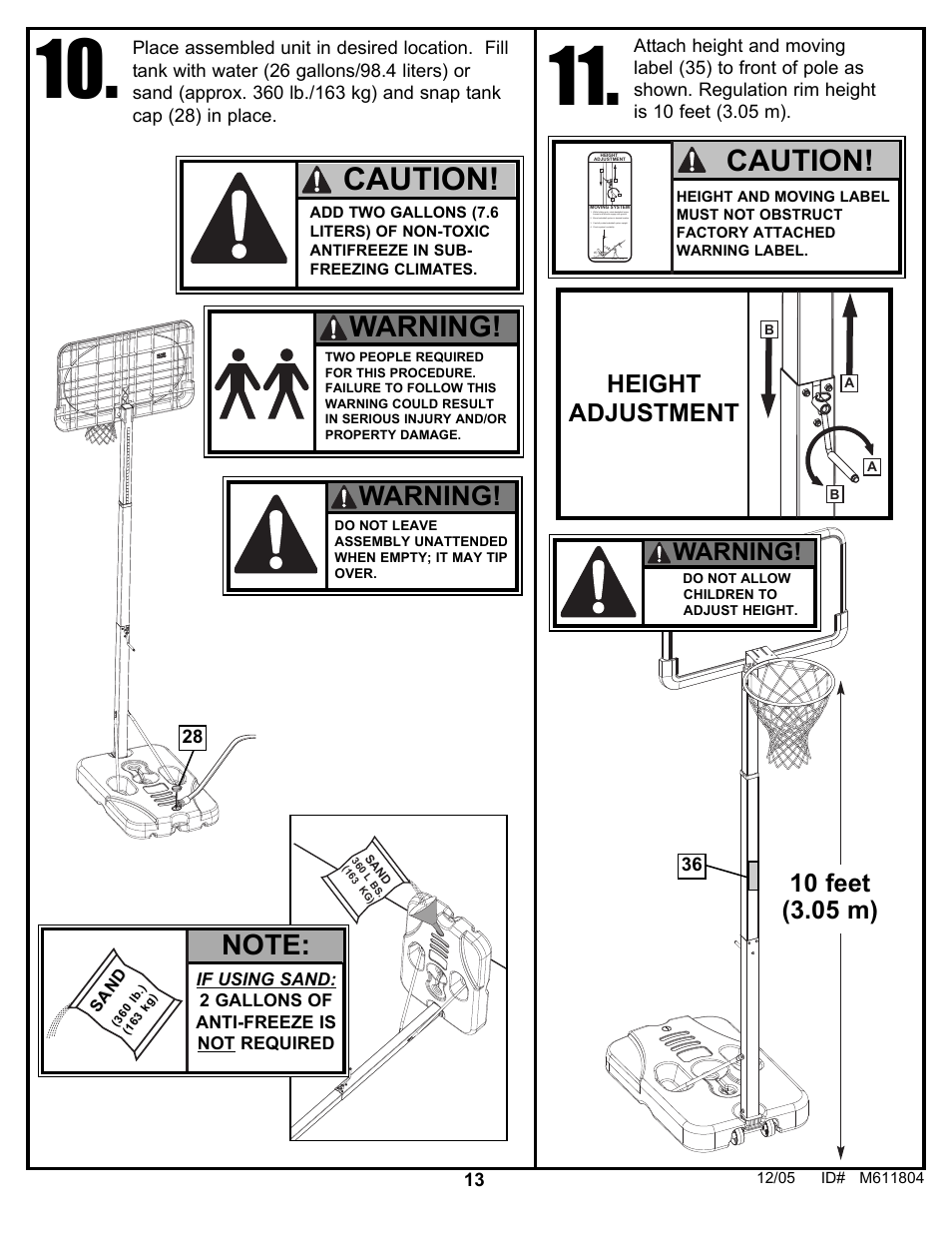 Caution, Warning, Moving system height adjustment | Height adjustment | Huffy M611804 User Manual | Page 13 / 29
