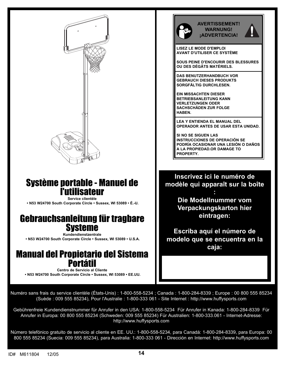 Gebrauchsanleitung für tragbare systeme, Manual del propietario del sistema portátil, Système portable - manuel de l'utilisateur | Huffy M611804 User Manual | Page 14 / 29