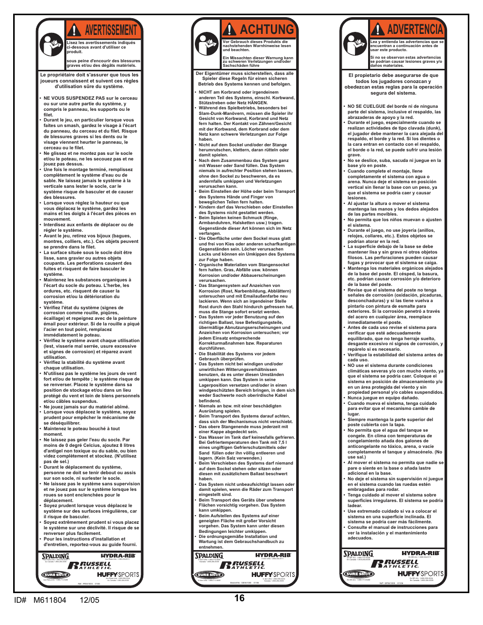 Avertissement, Advertencia, Achtung | Huffy M611804 User Manual | Page 16 / 29