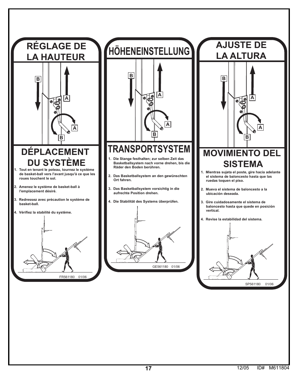 Höheneinstellung, Transportsystem, Réglage de la hauteur | Déplacement du système, Ajuste de la altura movimiento del sistema | Huffy M611804 User Manual | Page 17 / 29