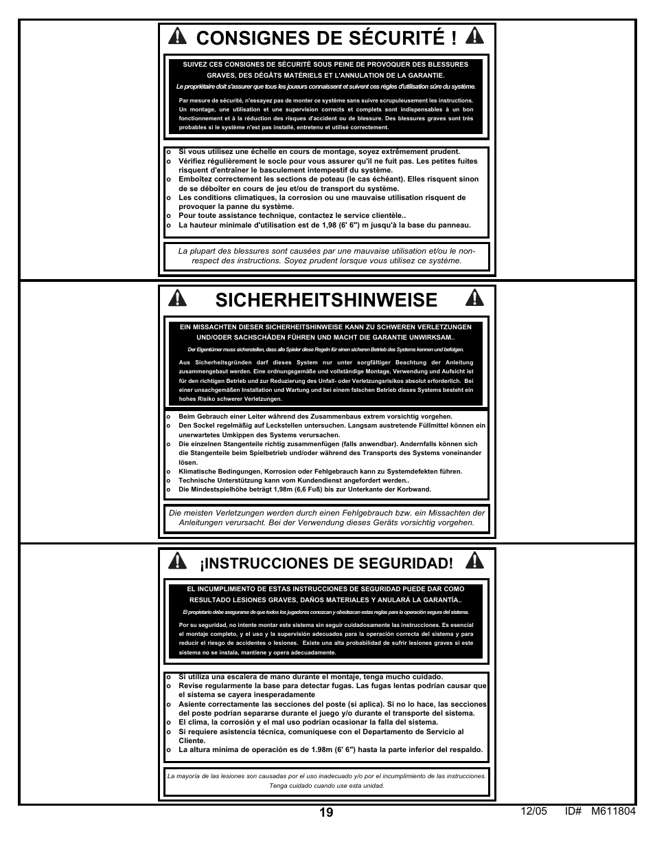 Sicherheitshinweise, Consignes de sécurité, Instrucciones de seguridad | Huffy M611804 User Manual | Page 19 / 29