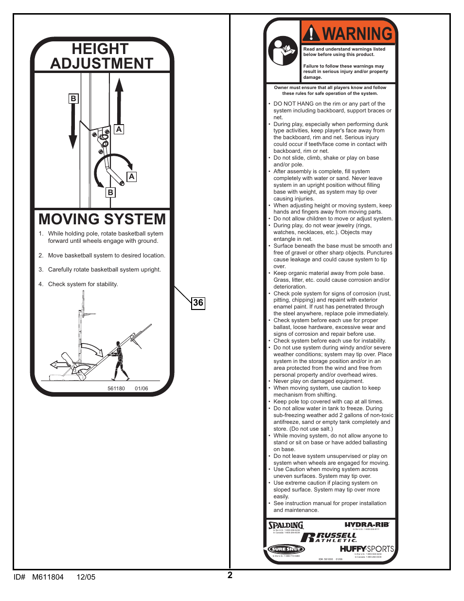Warning, Moving system height adjustment | Huffy M611804 User Manual | Page 2 / 29