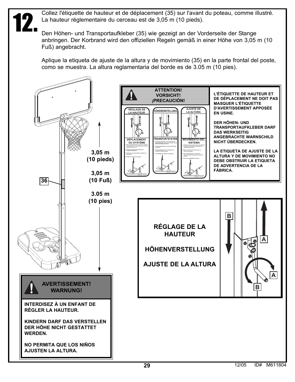 Moving system height adjustment, Ab b a, Avertissement! warnung | Attention! vorsicht! ¡precaución | Huffy M611804 User Manual | Page 29 / 29