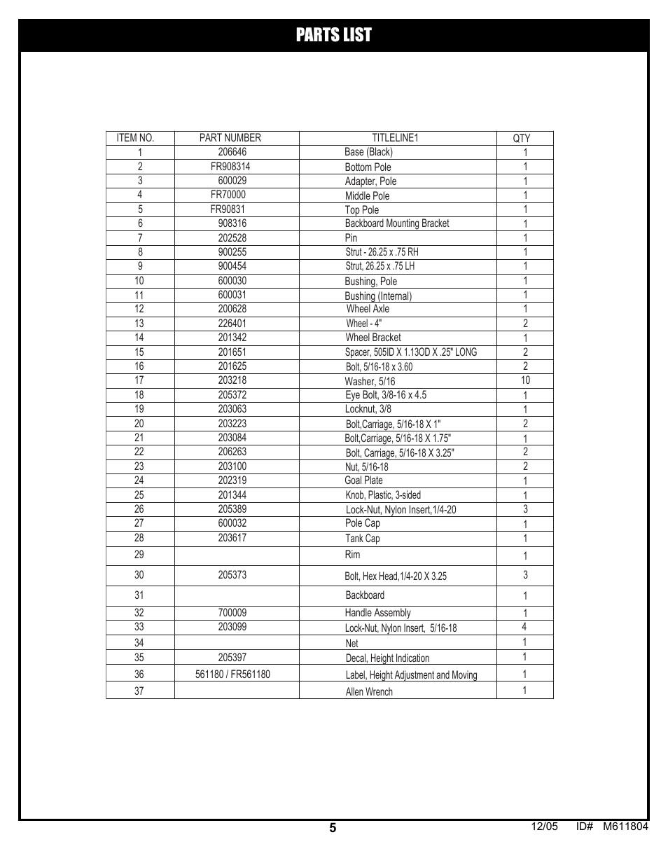 Parts list | Huffy M611804 User Manual | Page 5 / 29