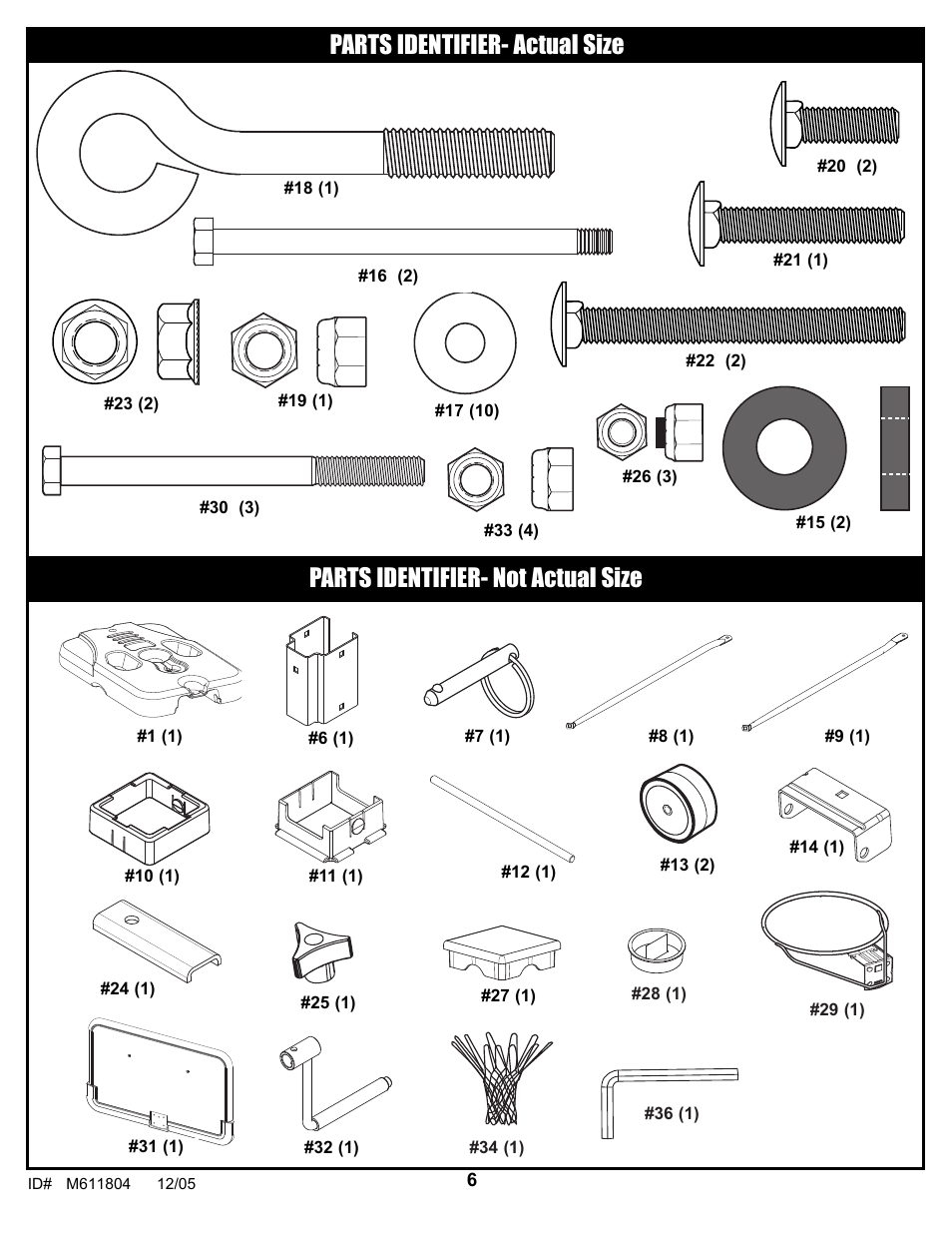 Parts identifier- actual size, Parts identifier- not actual size | Huffy M611804 User Manual | Page 6 / 29