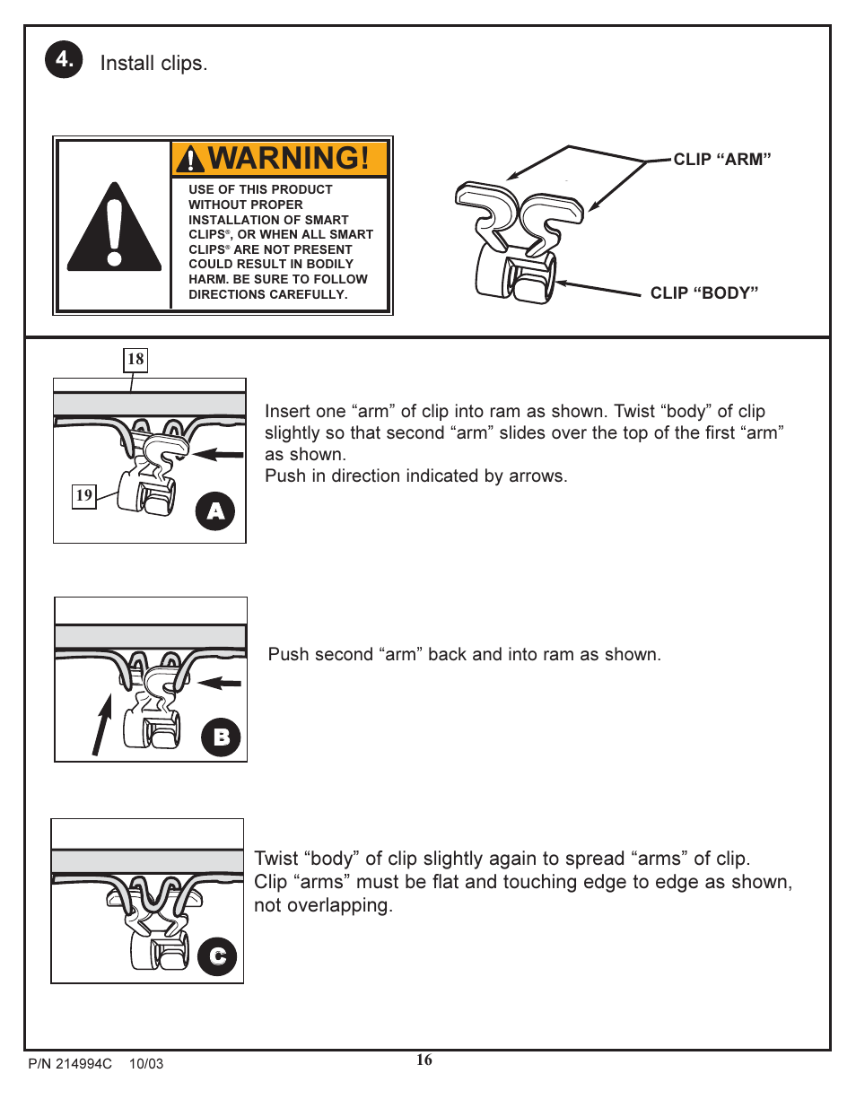 Warning, Ab b c c, Install clips | Huffy 214994C User Manual | Page 16 / 24