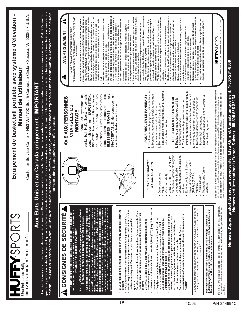 Consignes de sécurité, Av is aux personnes chargées du mont a g e, Avertissement | Une entreprise huffy | Huffy 214994C User Manual | Page 19 / 24